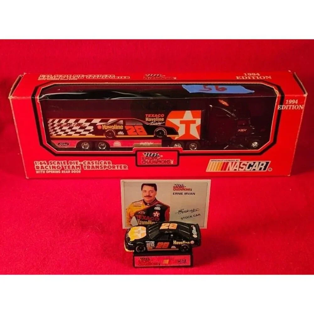 ERNIE IRVAN NASCAR TRANSPORTER BUNDLE w/MATCHING STOCKCAR & PLAYER CARD - NIB 56